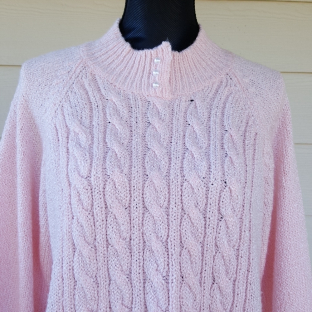 Karen Scott Pink Half Cable Knit Mock Neck Sweater (L) - Picture 3 of 11